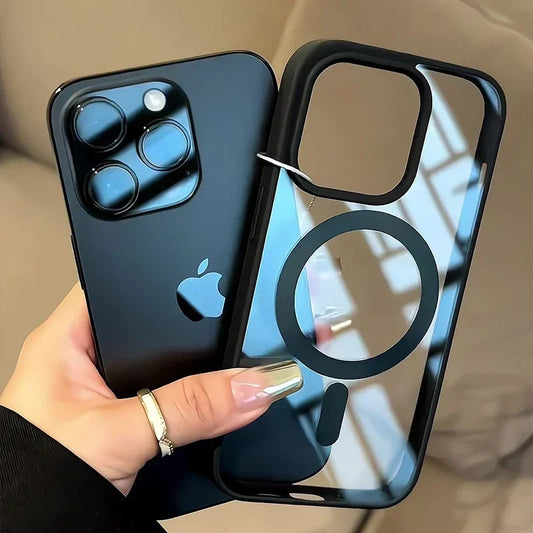 MagSafe対応 iPhoneケース クリア ブラック 磁気リング付き ワイヤレス充電対応 ハードケース